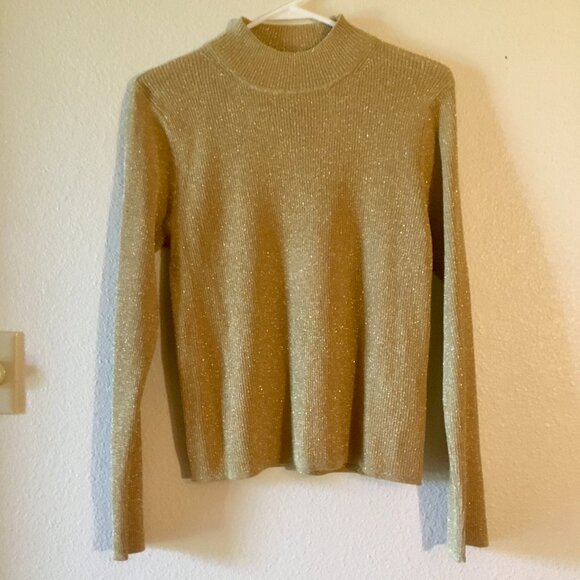 August Silk Blend Gold Metallic Ribbed Mock Neck Sweater Long Sleeve Size M NYE - Picture 1 of 5